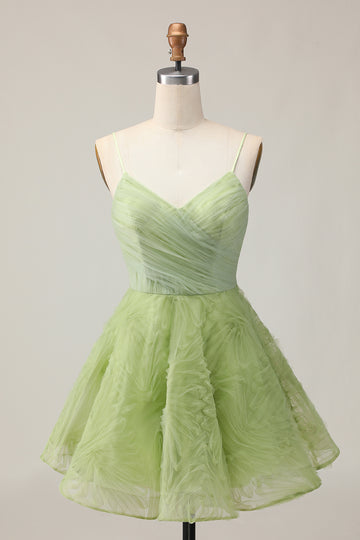 Green Ruched Spaghetti Straps A-Line Homecoming Dress